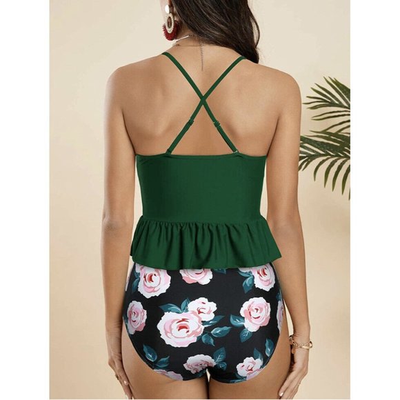 Tutorutor High Waisted Peplum Tankini Halter Swimsuit Retro Ruffle Floral M - Picture 2 of 5